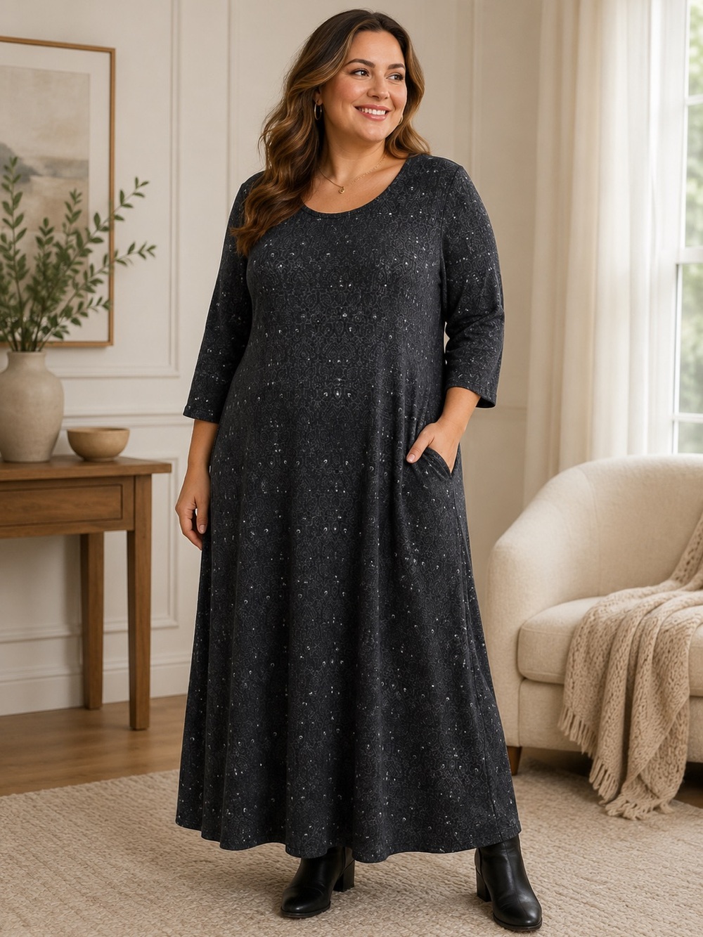 154) Charcoal Speckle Maxi Dress - Scoop Neck, 3/4 Sleeves